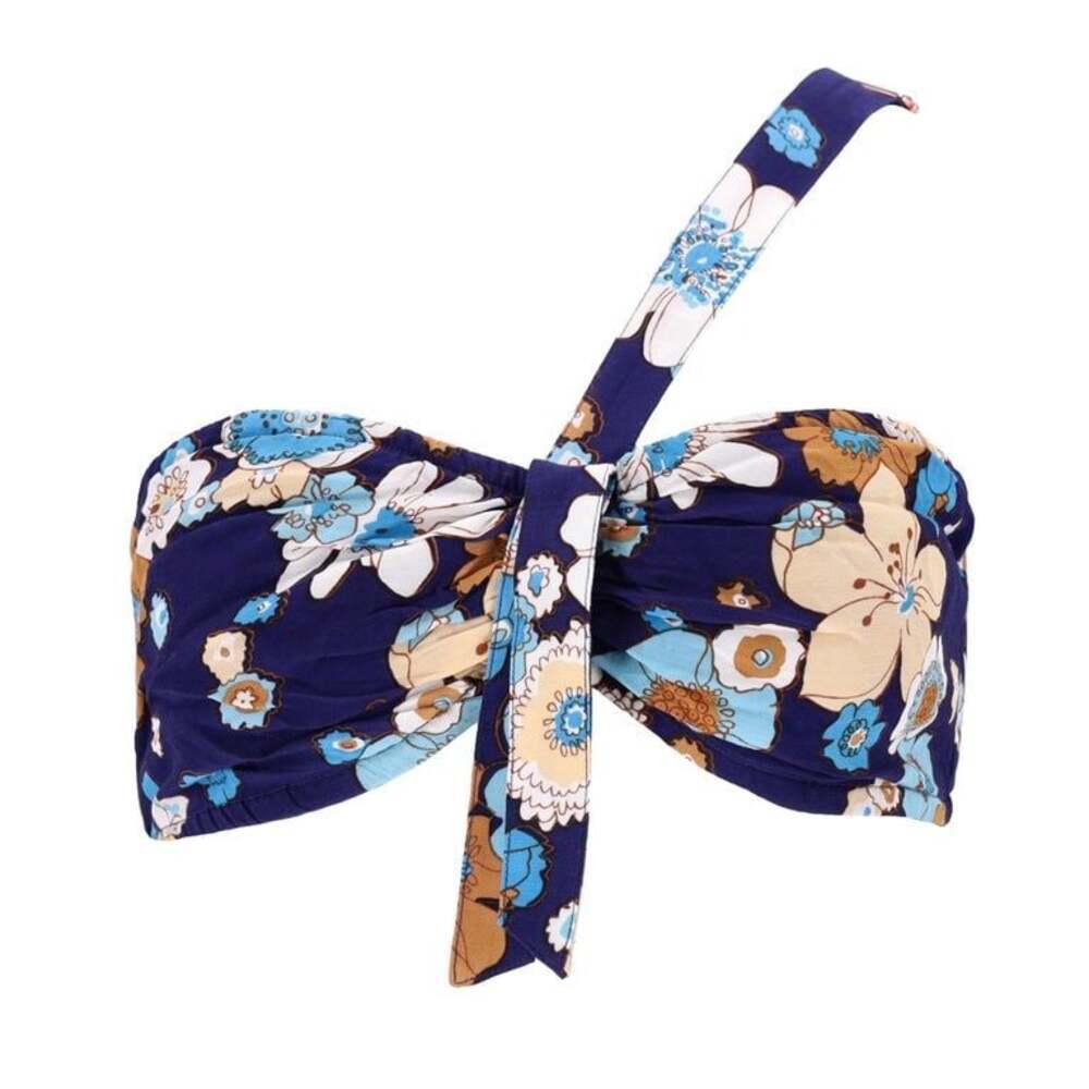 For Love & Lemons Floral One Shoulder Tie Front Crop Top Navy Blue Small
